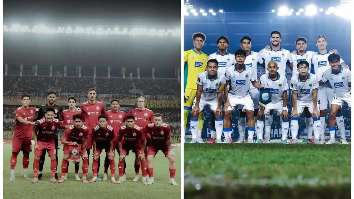 Ilustrasi pertandingan sepak bola mempertemukan dua tim besar dengan fokus pada pemain penyerang di lapangan hijau.